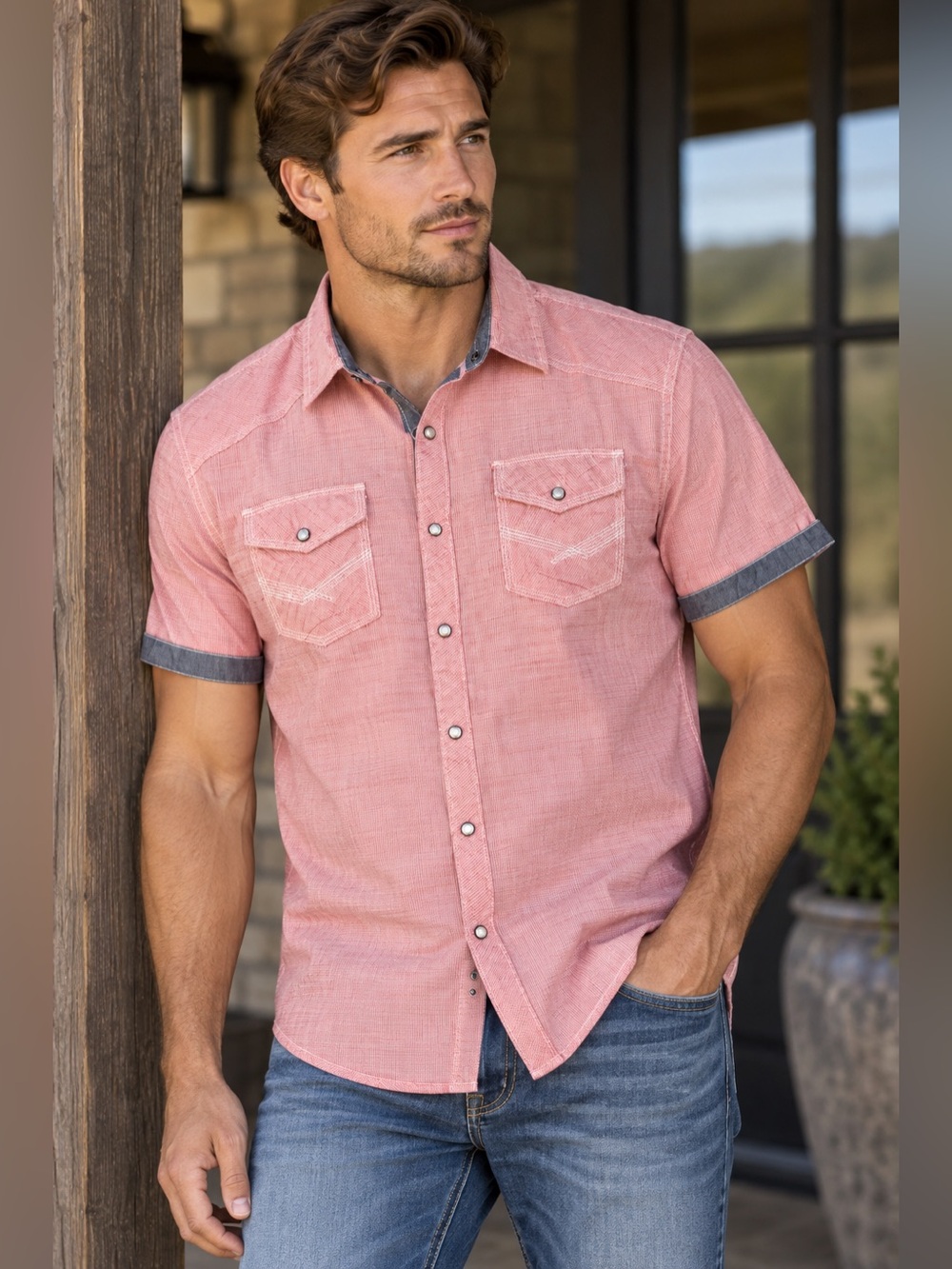 BKE Short-Sleeve Button-Down Shirt in Dusty Pink with Contrast Trim